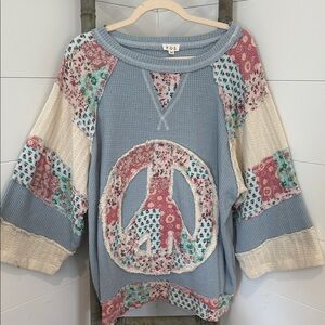 NEW 48 hr preview price : POL Patchwork Peace Sign Top - Blue and Pink